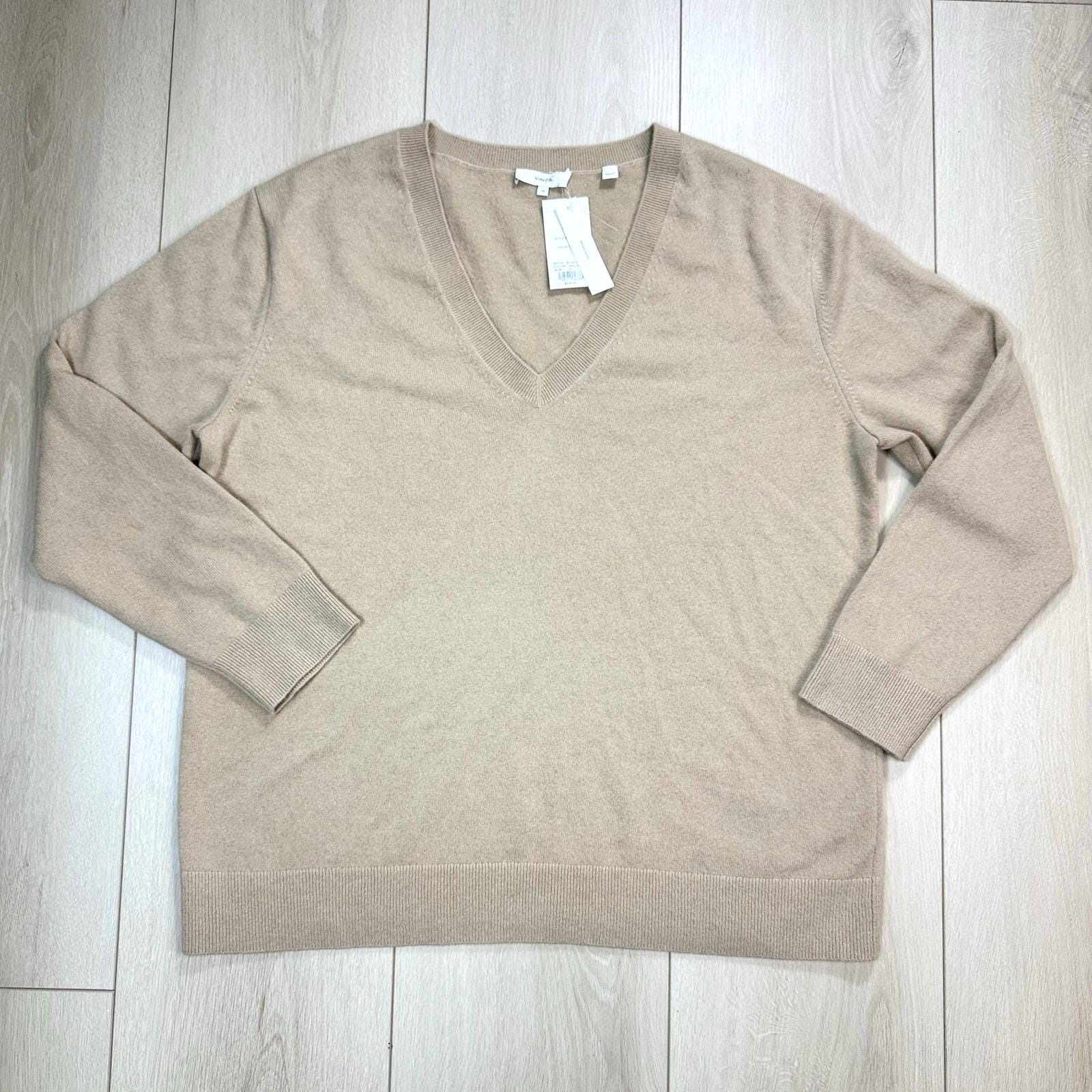 Vince 100% Cashmere V-Neck Sweater Women's 1x Camel Beige Nwt Luxury Soft $325